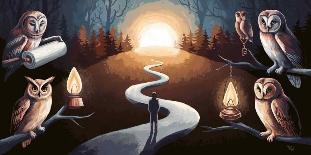 Person on a winding path with owls representing different virtues, leading towards a bright light, symbolizing spiritual growth