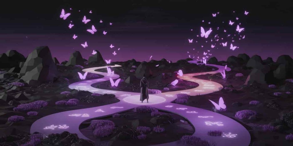 A person at a crossroads in a purple landscape with illuminated paths and floating butterflies, symbolizing spiritual lessons and growth.