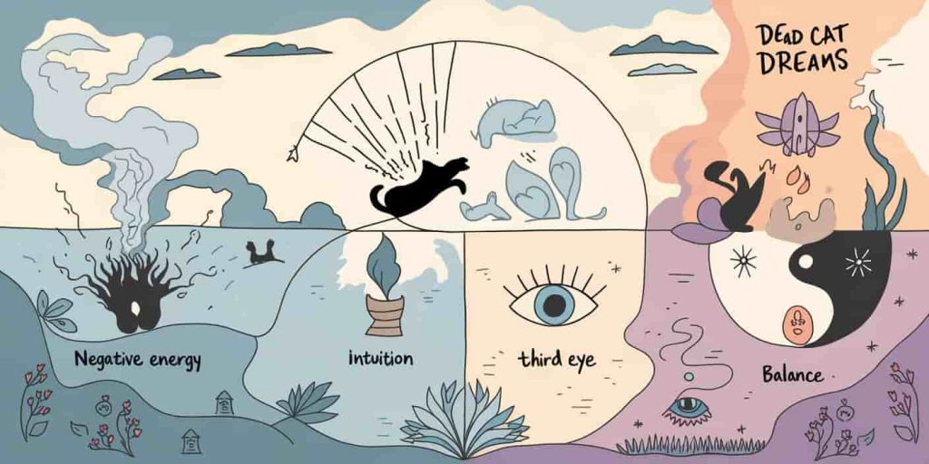 Four-quadrant image depicting transformation, energy release, intuition, and balance, representing spiritual meanings of dead cat dreams.