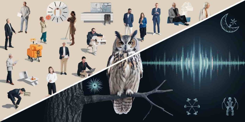Split-screen image contrasting day and night, featuring a hooting owl surrounded by spiritual symbols on the night side and oblivious people on the day side.