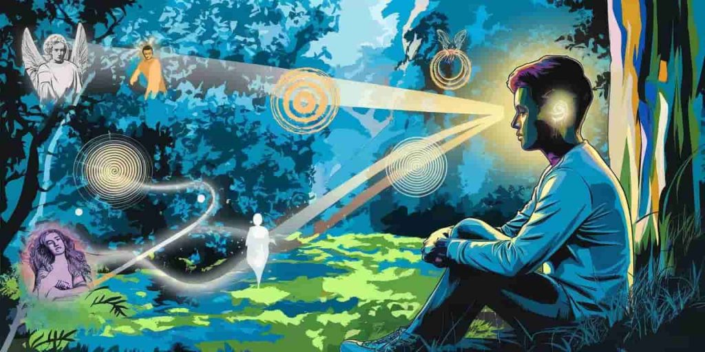 Serene forest scene with a person sitting peacefully, their left ear illuminated, surrounded by floating spiritual symbols and a golden glow suggesting spiritual awakening.