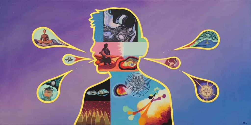 Abstract human silhouette filled with spiritual symbols and surrounded by sneeze droplets containing scenes of mindfulness and energy release.