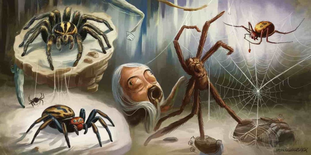 Dreamlike scene depicting a person encountering different spider species, including a courageous tarantula, curious jumping spider, and an orb-weaver creating a web of opportunities, with surreal elements and misty colors.