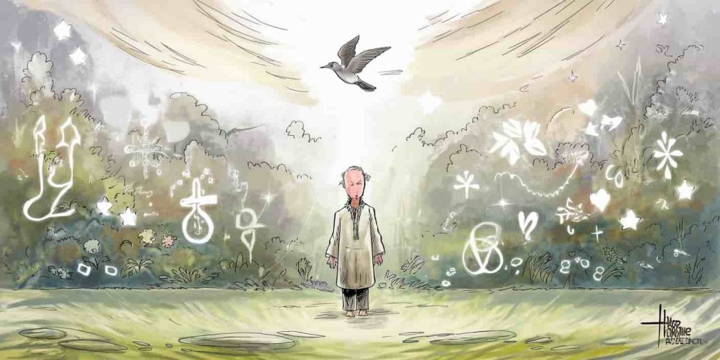 Person with glowing aura standing in nature as bird flies overhead, surrounded by subtle symbols of luck and divine messages.