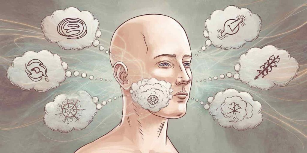Human head illustration with thought bubbles emerging from jaw, containing symbols of emotions and self-expression