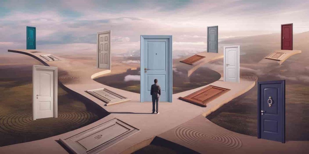 A person at a dreamlike crossroads surrounded by floating doors with visible knocking patterns, representing various spiritual meanings and symbolism of sleep knocking experiences.