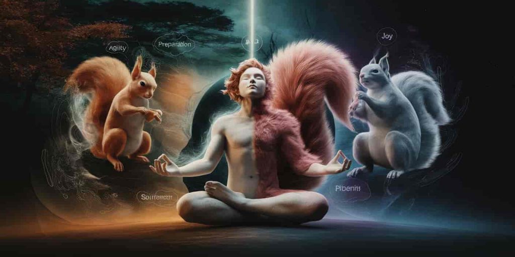 A 3D Ukiyo-e style image of a person in a meditative pose transforming with squirrel energy, surrounded by ethereal representations of squirrel traits, set against a background transitioning from forest to cosmos.