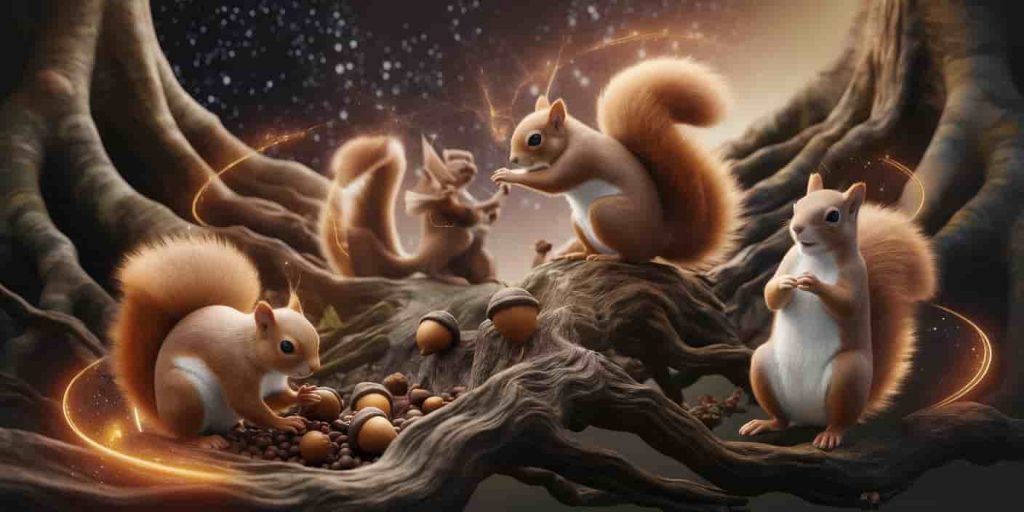 A 3D Ukiyo-e style image depicting three squirrels in symbolic poses: gathering acorns, playfully chasing its tail, and standing alert, with a mystical background blending earthly and celestial elements.