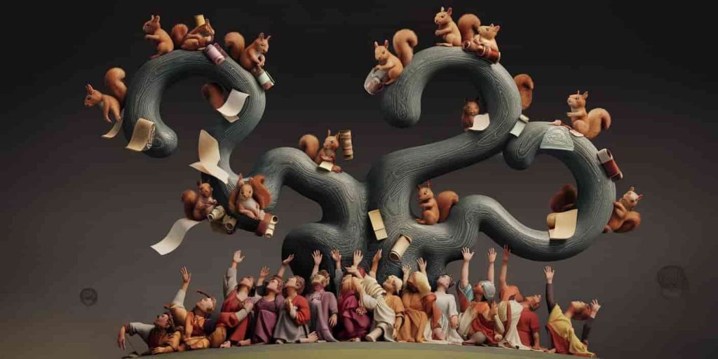 A 3D Ukiyo-e style image of a mystical tree with question mark-shaped branches, squirrels carrying scrolls, and diverse seekers at the base in poses of inquiry and contemplation.