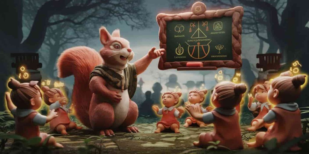 A 3D Ukiyo-e style image of an anthropomorphic squirrel teacher instructing human students in a magical forest setting, with a floating blackboard displaying spiritual symbols.
