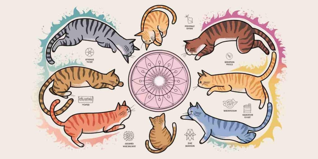 Various colored tabby cats arranged in a circle, each emitting a unique aura representing their spiritual meaning.