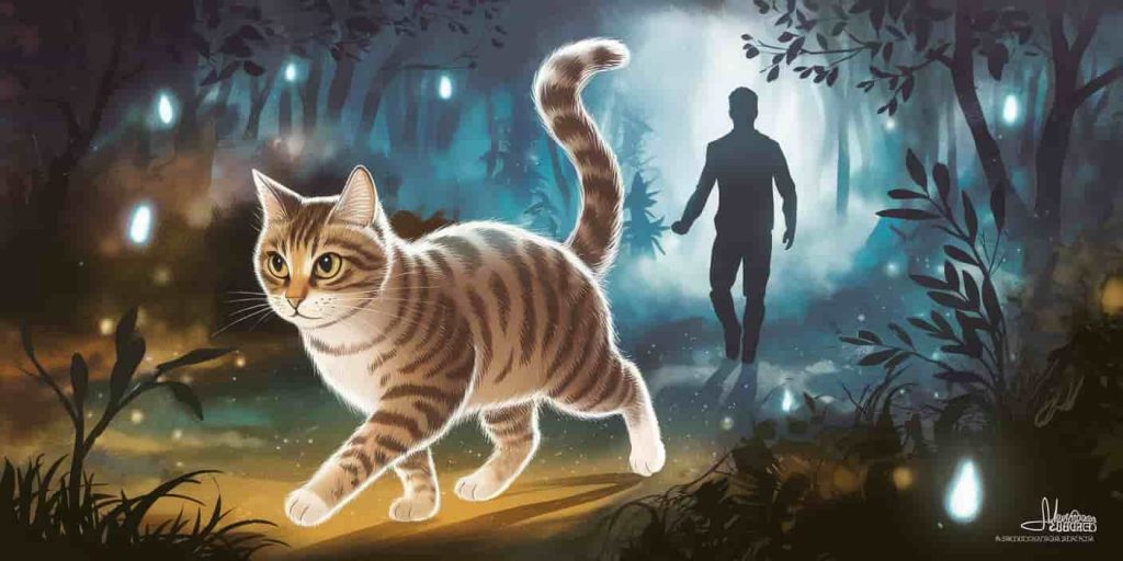 Glowing tabby cat spirit guide leading a human silhouette through a mystical, bioluminescent forest.