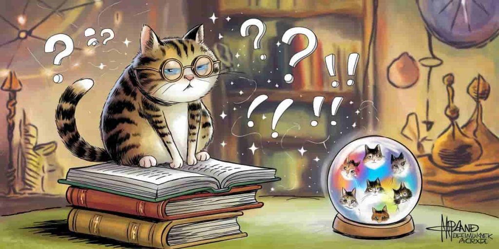 Wise elderly tabby cat with spectacles sitting on books, surrounded by question marks and mystical objects. A playful illustration representing common questions and curiosities about the spiritual aspects of tabby cats.