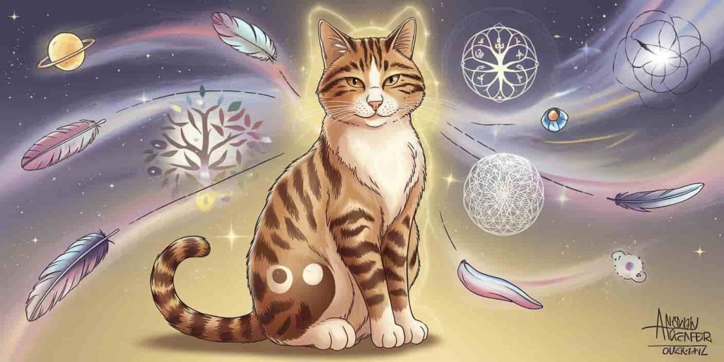 Tabby cat with fur patterns forming spiritual symbols, sitting in a meditative pose and surrounded by mystical objects.