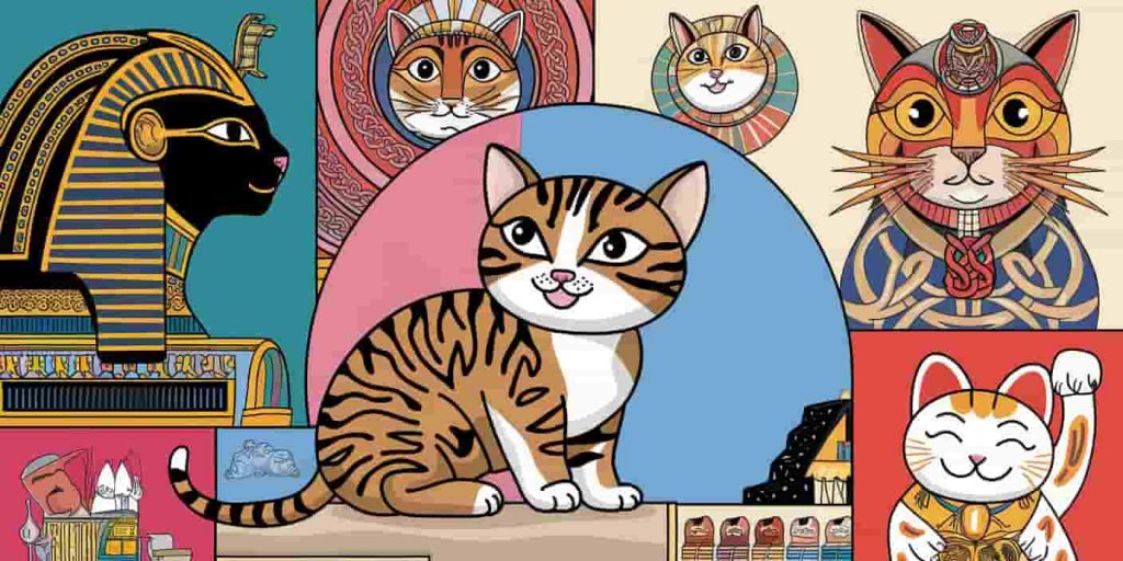 Collage of tabby cats represented in various cultural styles, including Egyptian, Celtic, and Asian, surrounding a modern tabby.