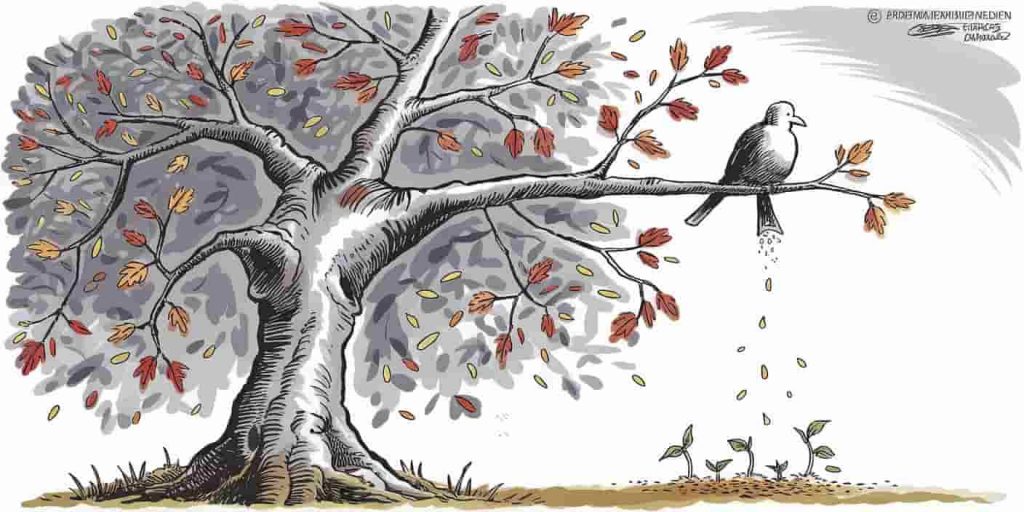Tree shedding leaves and sprouting new buds, with bird on branch and droppings nurturing new seedlings, symbolizing renewal and growth cycle.