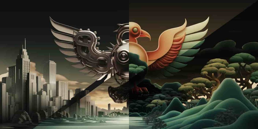 A split-screen image showing an urban skyline and natural landscape, with a central bird figure that's half-mechanical and half-organic, symbolizing the significance of location in bird encounters.