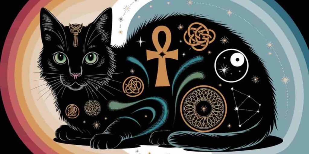 A black cat illustration divided into sections representing various spiritual meanings, set against a cosmic background.