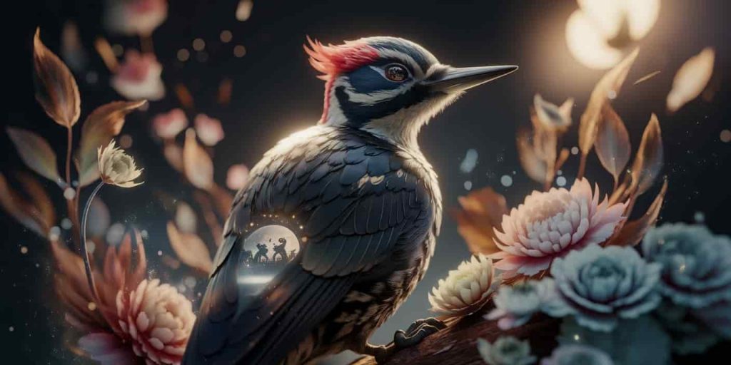 A 3D Ukiyo-e dark fantasy image of a woodpecker as a spirit animal, blending with nature elements, illuminated by soft light, with eyes reflecting growth and transformation.