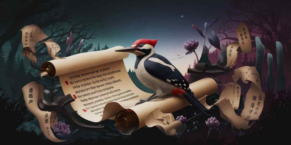 A 3D Ukiyo-e dark fantasy image of a wise woodpecker on an unfurling scroll with questions and answers, surrounded by mystical elements and a transitioning background.