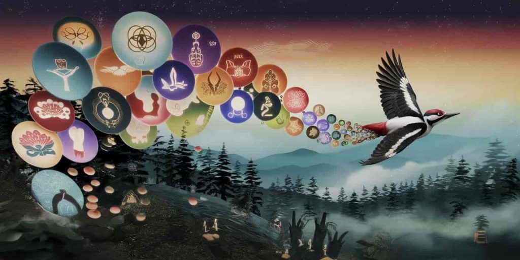 A 3D Ukiyo-e-style image of a flying woodpecker trailing thought bubbles with spiritual symbols, over a transitioning landscape from forest to sky.