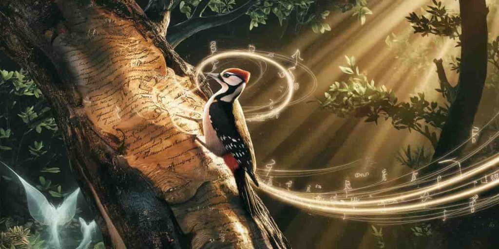A 3D Ukiyo-e render of a woodpecker drumming on a tree, releasing glowing symbols of wisdom, in a magical forest setting with ethereal spirits watching.