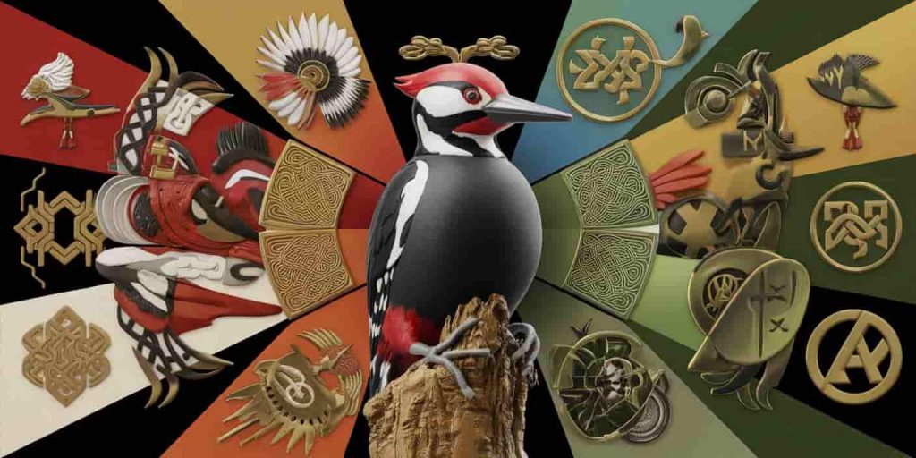 A 3D Ukiyo-e collage depicting woodpecker symbolism in Native American, Celtic, and modern cultures, with a central woodpecker unifying diverse cultural elements.