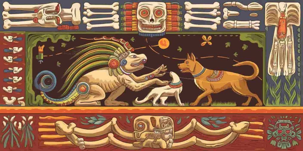 Aztec god Xolotl transforming into Xoloitzcuintli, surrounded by creation myth imagery and underworld layers