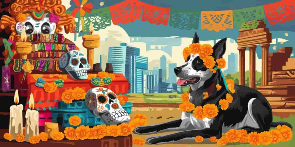 Xoloitzcuintli at Day of the Dead celebration, near ofrenda with sugar skulls and marigolds, modern and ancient Mexican backdrop