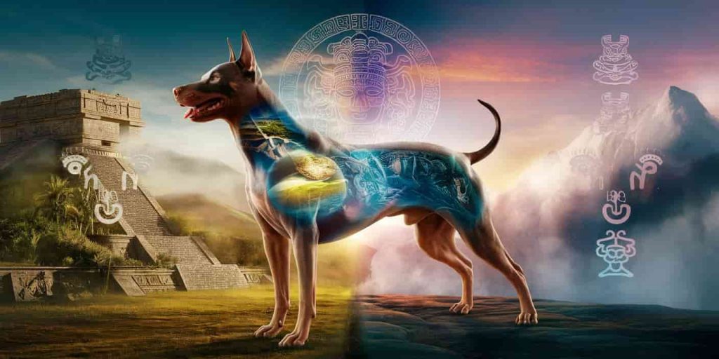 Xoloitzcuintli standing between physical and spiritual realms, with Aztec symbols of transformation and duality