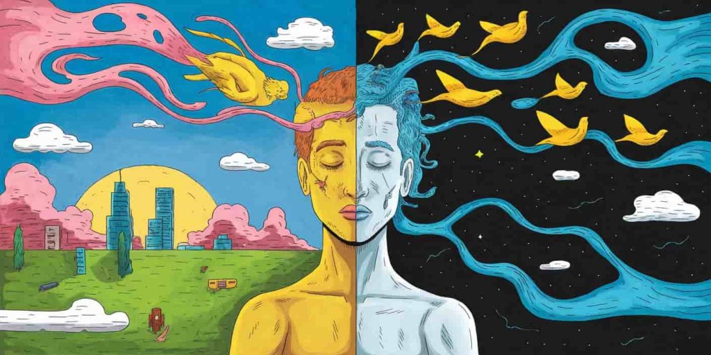 Surreal split image showing a person transforming into a yellow bird during the day and yellow birds emerging from a dreaming person's mind at night.