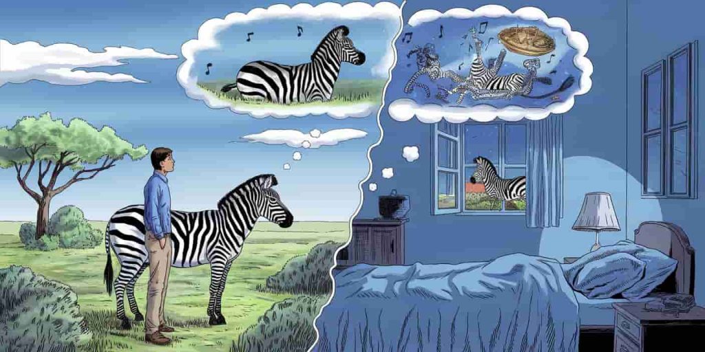 Split day-night image of person encountering zebra and dreaming of zebras, connected by thought bubbles with symbolic interpretations