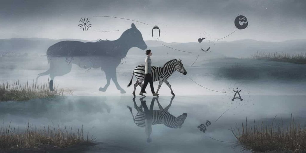 Person walking with zebra in misty landscape, casting spirit animal shadow, surrounded by symbols of clarity, discernment, and adaptability