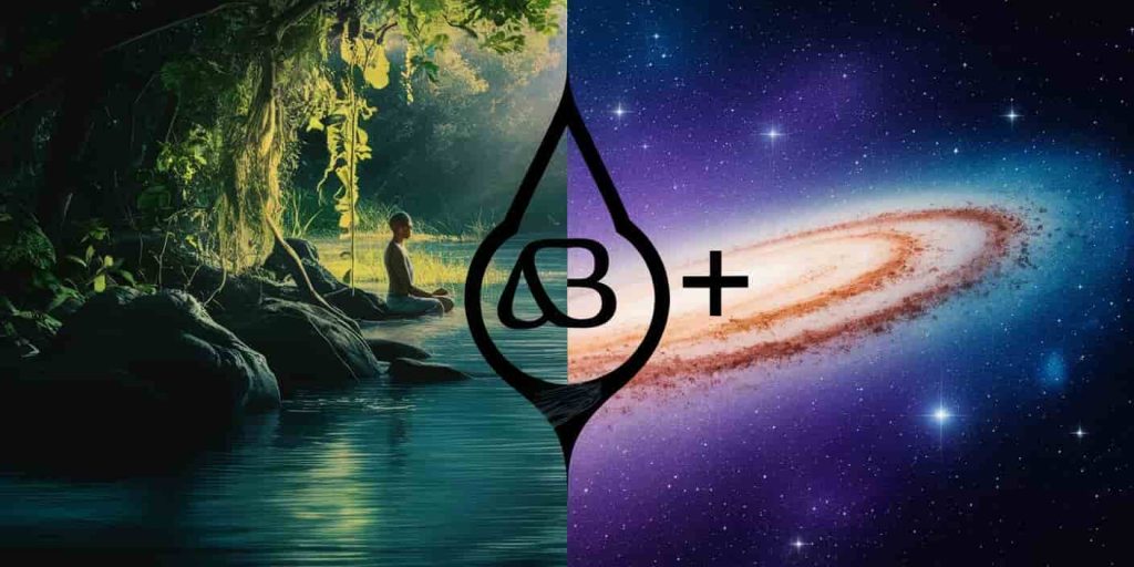 A split image illustrating Ab+ blood type's spiritual symbolism, showing a person in nature and cosmic scenery connected by an Ab+ symbol, representing its role in balancing earthly and divine realms.