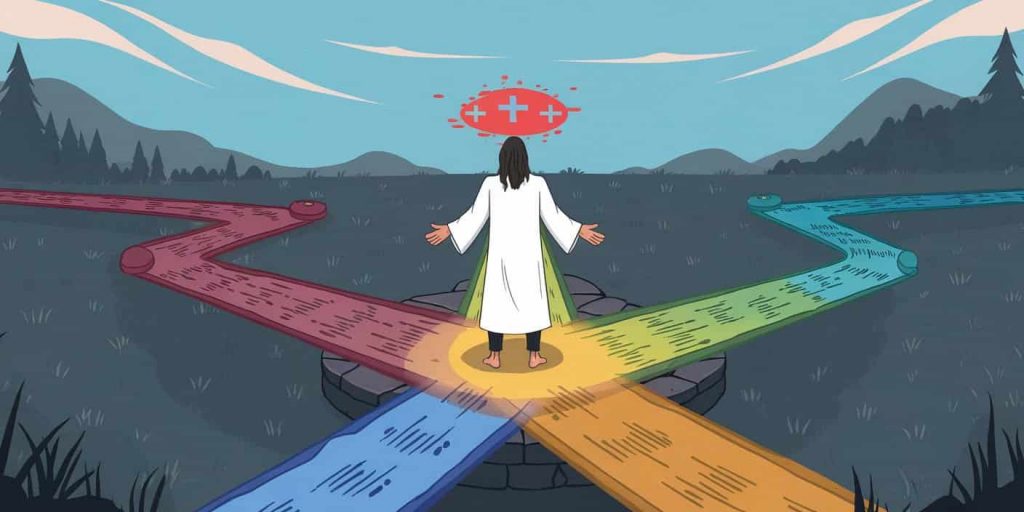 An illustration of a person with an Ab+ aura at a spiritual crossroads, guiding others along various colorful energy paths, representing the spiritual messages and lessons associated with Ab+ blood type.