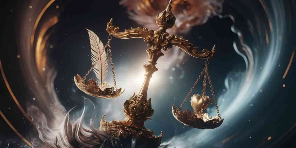 Ornate golden scales suspended in cosmic energies, perfectly balanced with a feather on one side and a heart on the other, illuminated by ethereal light symbolizing Archangel Michael's divine justice and mercy.