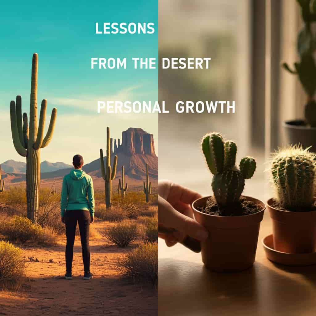 A split-screen image contrasting a person confidently standing in a desert with blooming cacti and tending to a small indoor cactus, illustrating lessons from cactus flowers for personal growth.