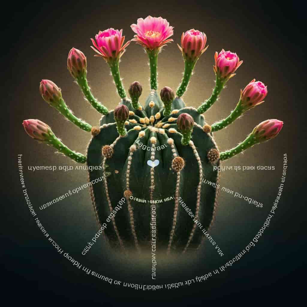 A circular arrangement of cactus flowers in different blooming stages, each labeled with spiritual meanings like resilience and protection, illustrating the diverse symbolism of cactus flowers.