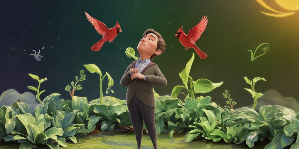Artistic image of a person in a garden surrounded by red cardinal feathers and silhouettes, symbolizing personal growth and spiritual lessons received from cardinal encounters.