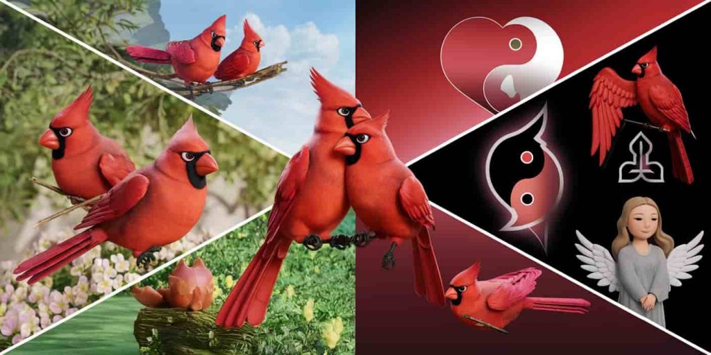 Split-screen image depicting red cardinal pairs in nature and as abstract symbols, representing various spiritual meanings including love, balance, and divine messages.