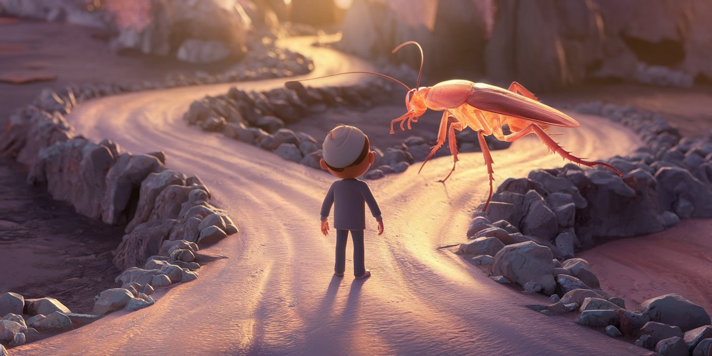 A person at a crossroads with a translucent cockroach spirit guide pointing towards a challenging path, symbolizing the spiritual lessons and personal growth associated with cockroach encounters.