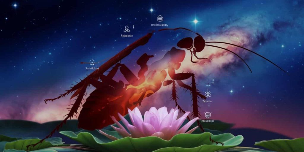 A cockroach silhouette filled with a cosmic scene, perched on a lotus flower, surrounded by icons representing resilience, adaptability, and transformation, illustrating the spiritual symbolism of cockroaches.
