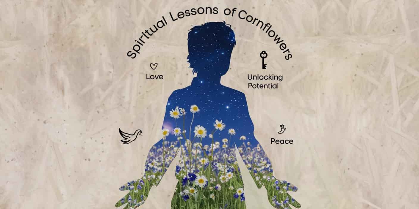 Artistic silhouette of a person filled with a cornflower field and starry sky, surrounded by symbols representing spiritual lessons and personal growth.