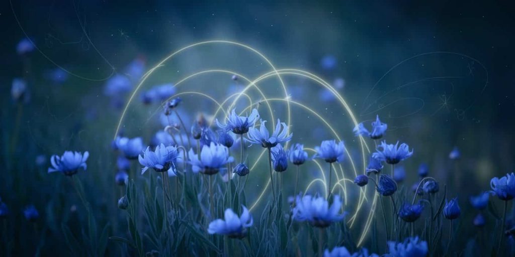 Mystical scene with glowing cornflowers surrounded by swirling energy patterns and celestial bodies, representing spiritual symbolism and connection to higher realms.