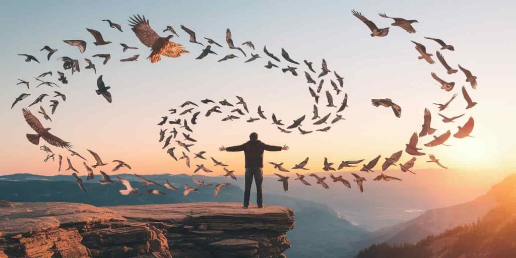 A person on a cliff with arms outstretched, surrounded by various bird species flying in a spiral, against a sunrise background, illustrating the divine messages and life lessons from bird encounters.