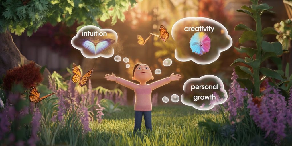 A person in a garden surrounded by flying orange butterflies, with thought bubbles showing intuition, creativity, and personal growth, representing the divine messages and lessons from orange butterflies.
