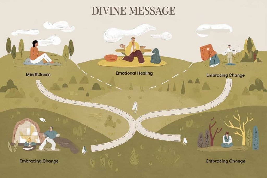Landscape divided into five sections showing people engaged in activities representing divine messages and lessons from a rear-end collision.