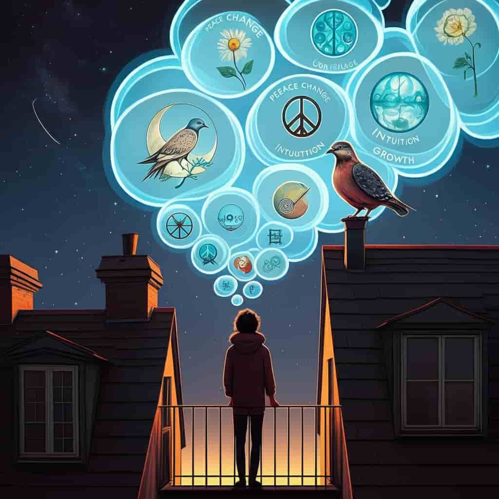 A person on a balcony observing a bird on the roof, with thought bubbles containing symbols of peace, change, intuition, and growth, representing the spiritual lessons and divine messages from rooftop birds.