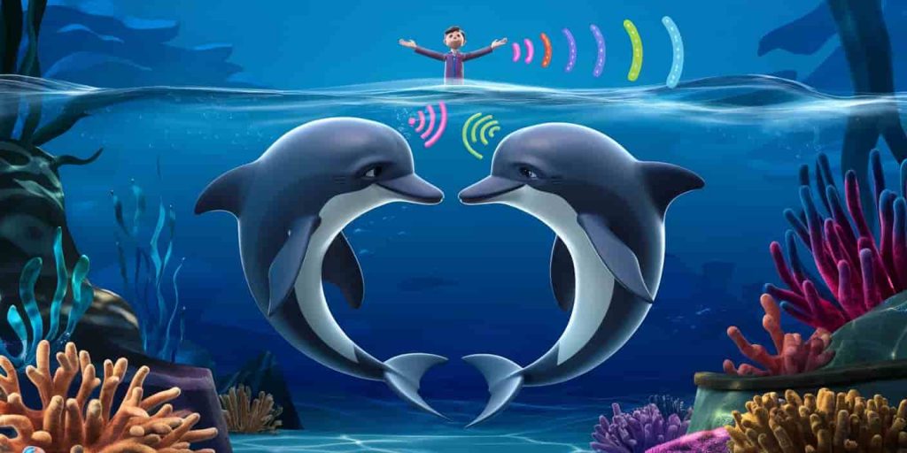 Underwater scene with two dolphins forming a heart shape, emitting colorful sound waves, and a human figure above water speaking with similar waves, symbolizing communication and expression.