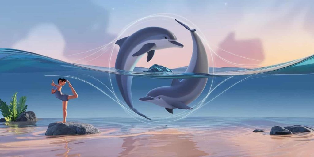 Dawn beach scene with a person balancing on a rock, dolphins swimming in yin-yang formation, and energy lines connecting all elements, symbolizing inner and outer harmony.